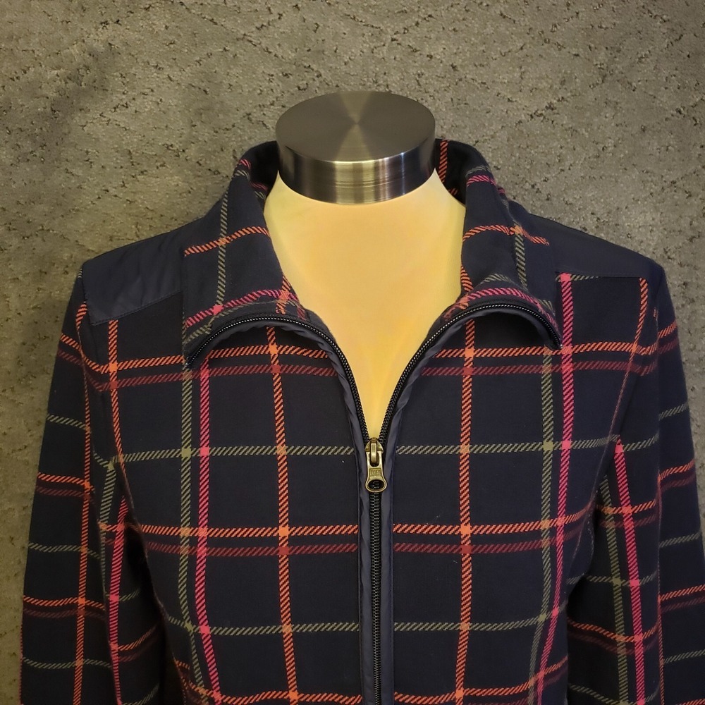 T By Talbots Jacket Womens M Petite Navy Plaid Long Sleeve Full Zip Elbow Patch